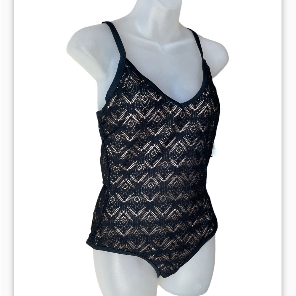 black lace open weave one piece swimsuit size large no underwire NWT